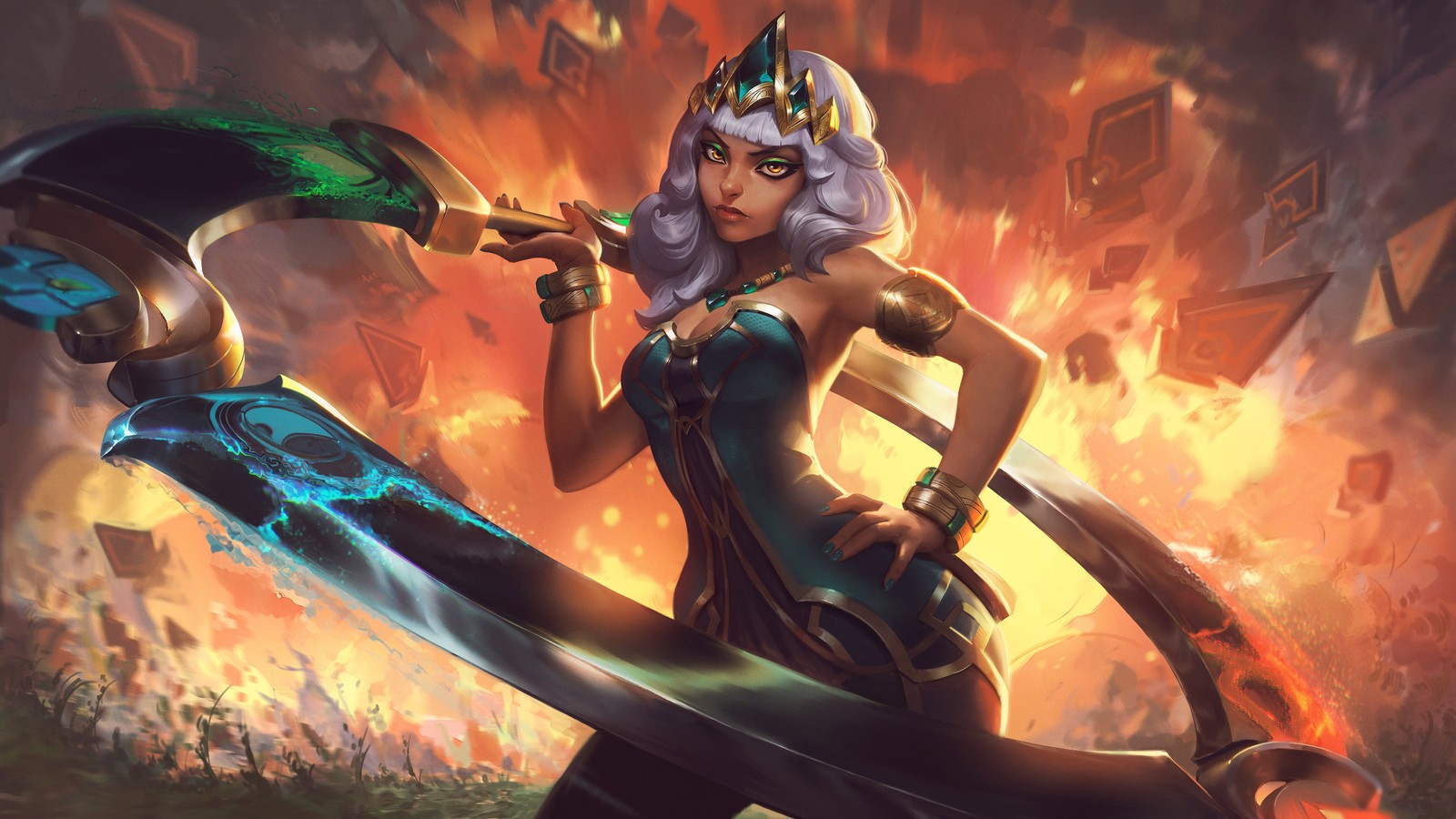 Una mujer con un vestido negro sosteniendo una espada y una espada (qiyana, 8k, league of legends, 5k, juegos)