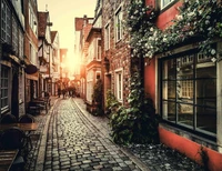 Charmante ruelle en pavés au coucher du soleil dans un quartier historique