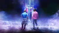 Bill and Ted Approaching the Time-Travel Phone Booth