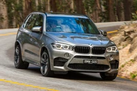 Dynamischer BMW X5 M, der eine kurvenreiche Straße in einer malerischen europäischen Landschaft befährt.