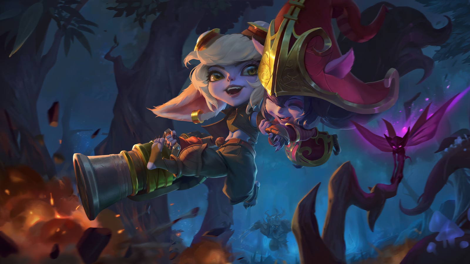 Eine frau mit einem weißen hut und einem rot-gelben outfit, die ein großes schwert hält (tristana, lulu, yordle, lol, league of legends)