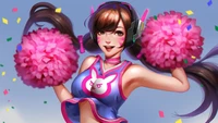 D.Va como líder de torcida em Overwatch celebrando com pompons