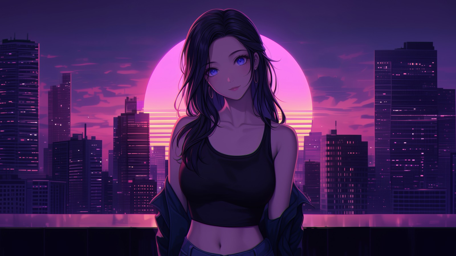 Lade anime mädchen, anime, synthwave, retrowave, stadt Hintergrund herunter