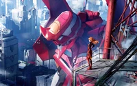 Asuka Langley Soryu steht vor dem Evangelion Unit 02 und blickt auf eine futuristische Stadtlandschaft.