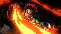 Тандзиро Камадо, wielding his katana, unleashing the powerful Dance of the Fire God with vibrant flames in an intense anime scene.