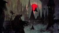 Eileen the Crow in a Haunting Bloodborne Landscape under a Crimson Moon.