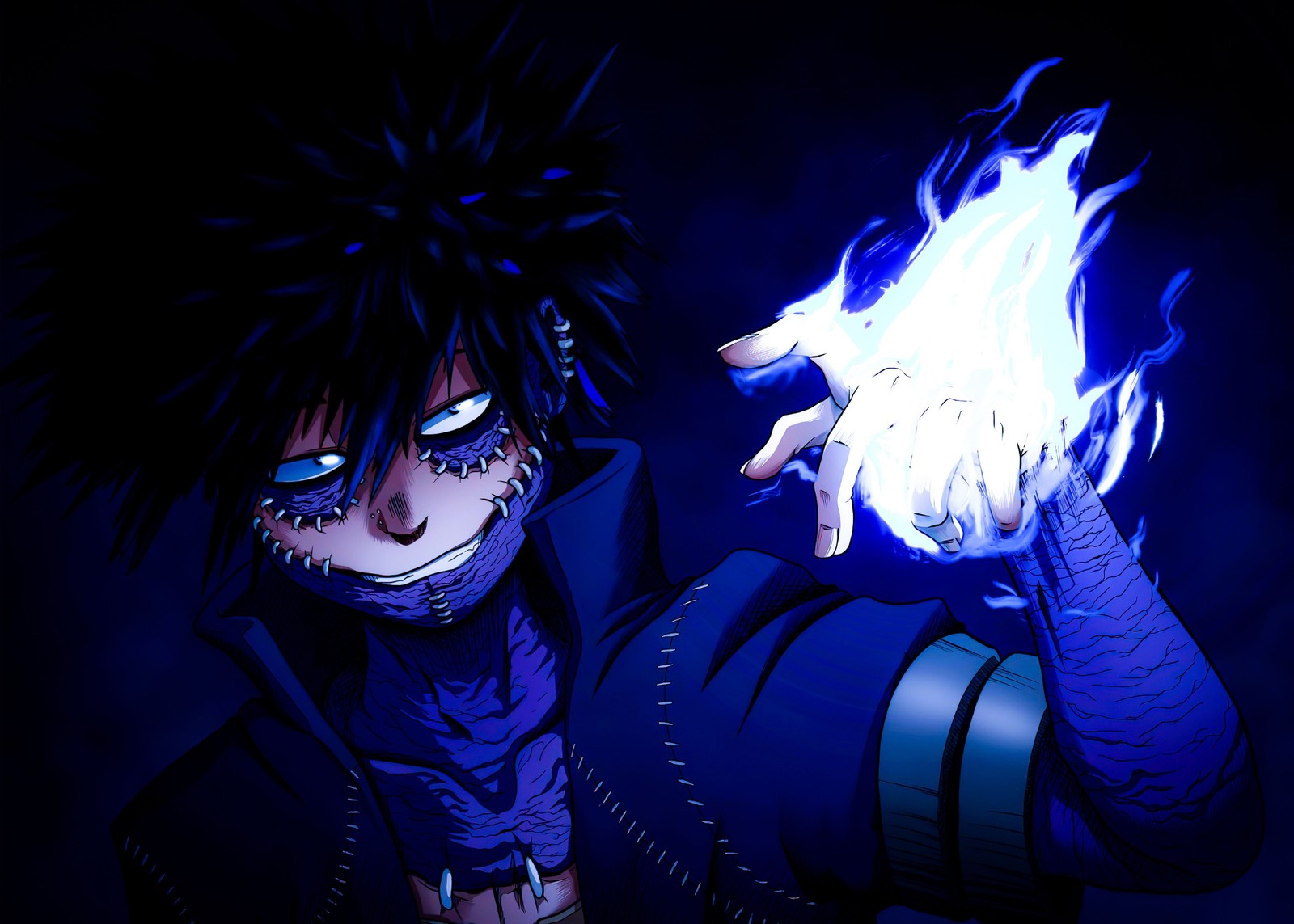 Un personaje de anime sosteniendo una bola que brilla en su mano (my hero academia, dabi, fondo azul, anime estético, anime)