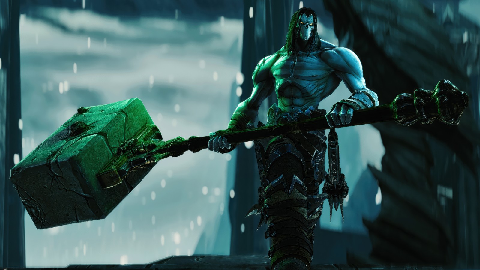 A close up of a man holding a large green hammer (death darksiders, hammer, artwork, video game, 5k)