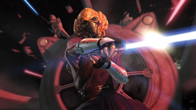 Мужчина в красном наряде с световым мечом (plo koon, звёздные войны, star wars, фэнтези, научная фантастика)