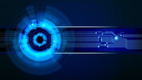 Cercle technologique bleu électrique avec des lignes néon et des graphiques de circuits