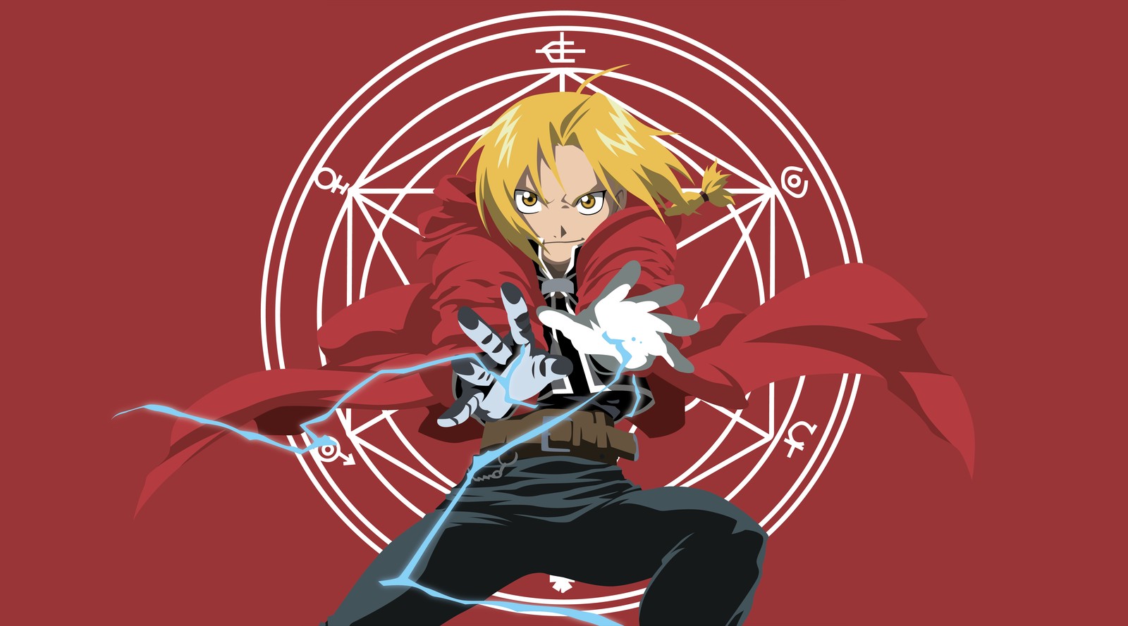 Ein mann in einem roten hemd, der ein schwert auf einem roten hintergrund hält (edward elric, blitzschlag, roter hintergrund, 5k, fullmetal alchemist)