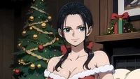 Nico Robin in festlicher Stimmung am Weihnachtsbaum