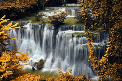 Autumn Serenity: Cascading Waterfalls Amidst Vibrant Foliage