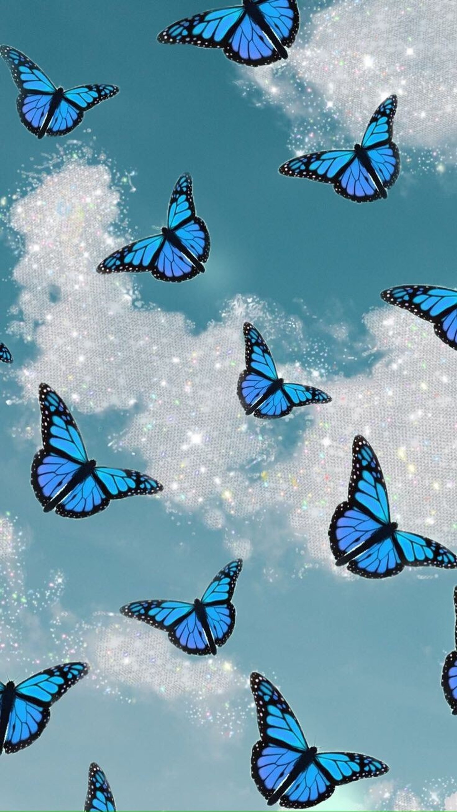 Butterflies flying in the sky with a lot of bubbles in the air (aesthetic, blue, buterfly)