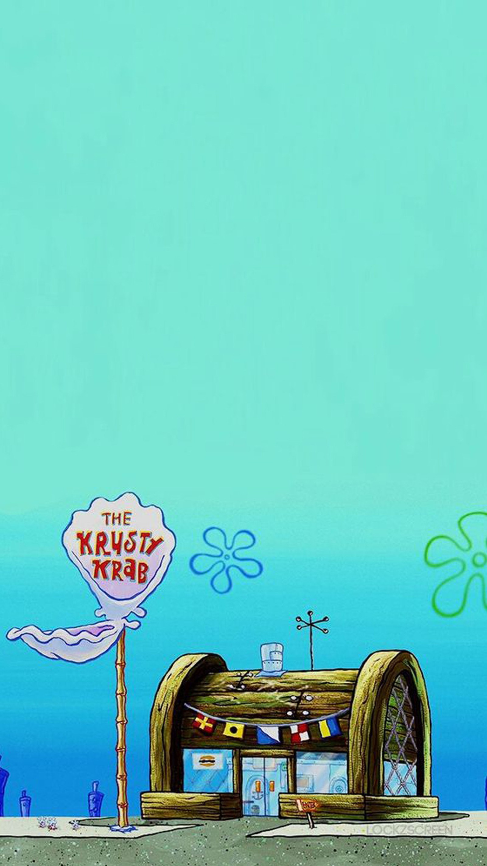 Spongebob is standing in front of a sign that says the krusty krab (bob esponja, cartoons, nickelodeon)