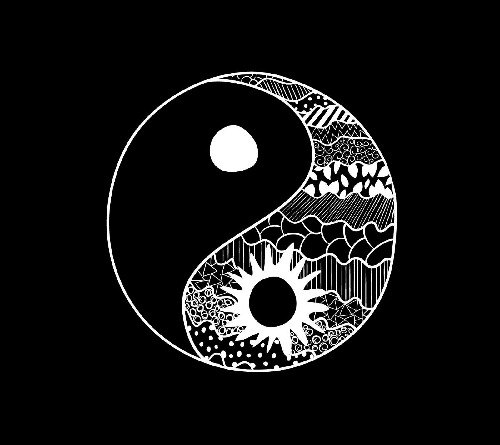 Un símbolo yin yang en blanco y negro con un sol en el medio (negro, futuro, logotipo, blanco, yin yang)