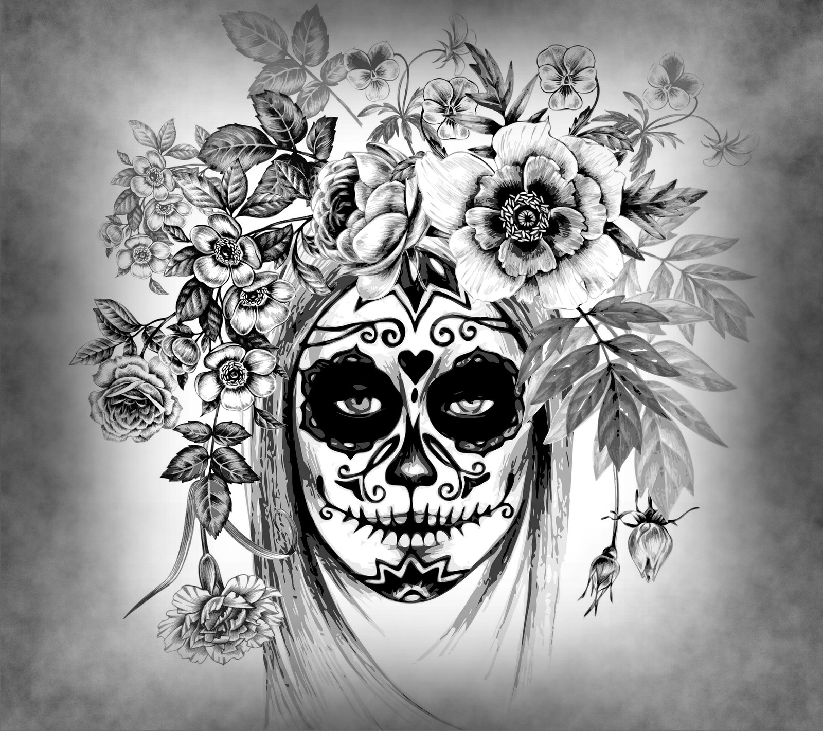 A black and white drawing of a woman with a skull face (abstract, art, black, day of the dead, white)