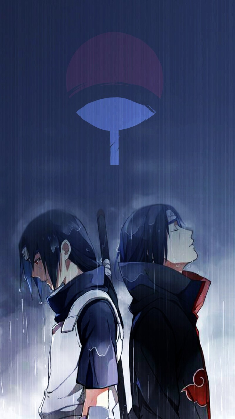 Персонажи аниме стоят под дождем, на заднем плане зонтики. (аниме, anime, itachi, naruto, наруто ураганные хроники)