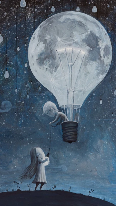 ballon, enfants, amour, lune, peinture