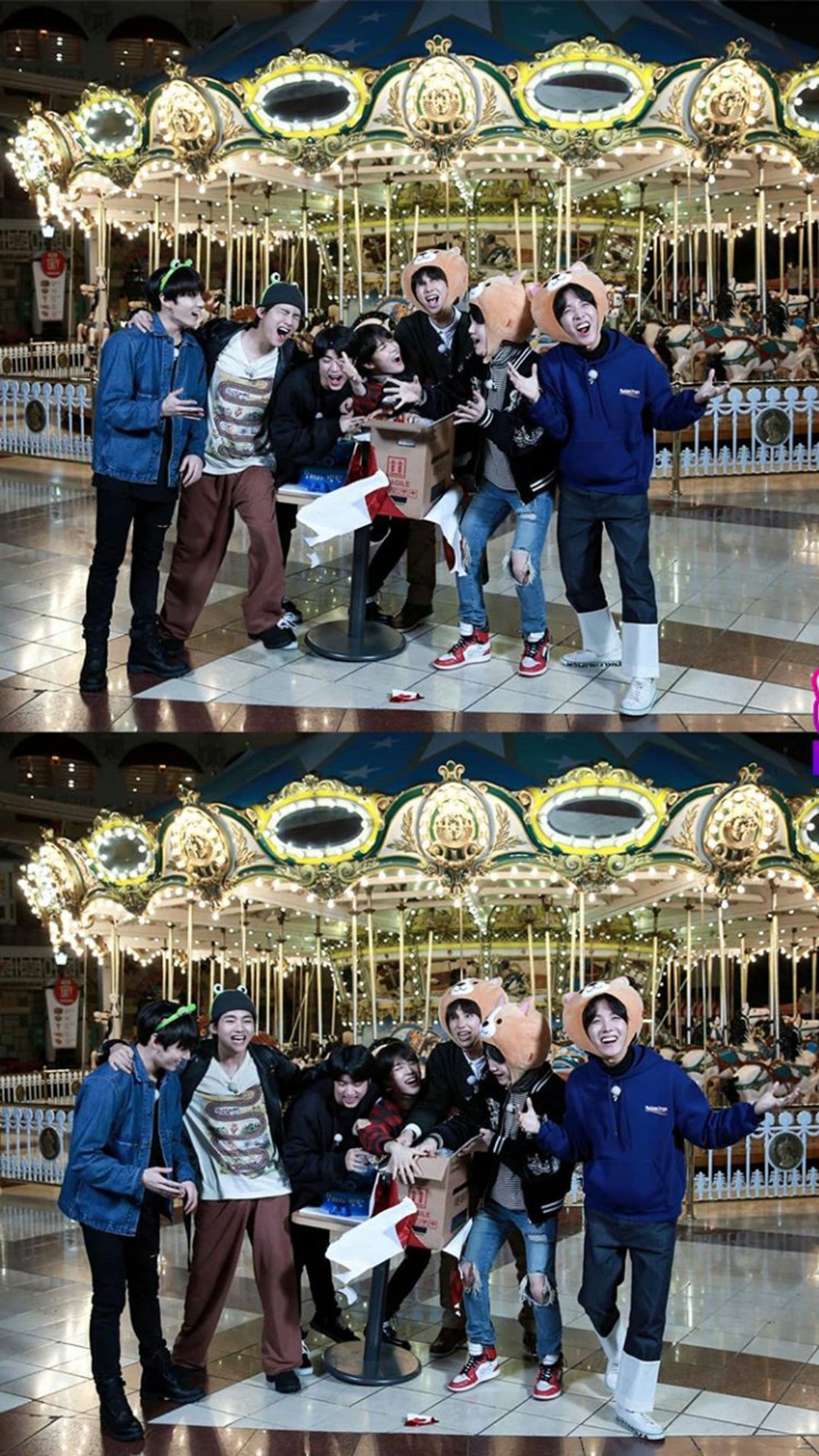 Várias fotos de um grupo de pessoas posando para uma foto (bts, bts run, kpop)