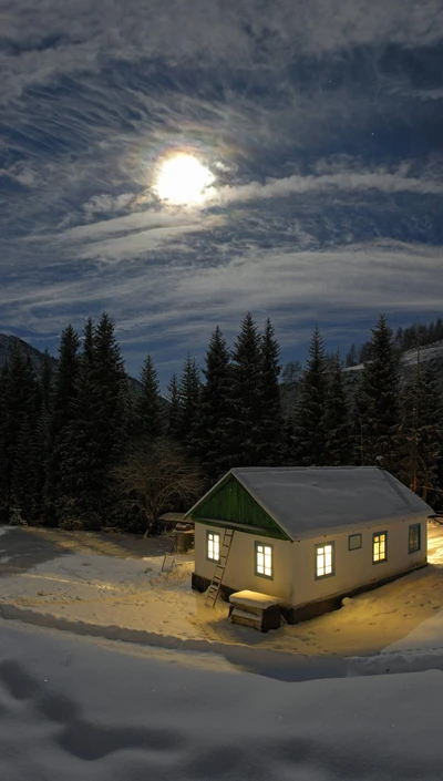 Cabaña nevada acogedora bajo una luna llena