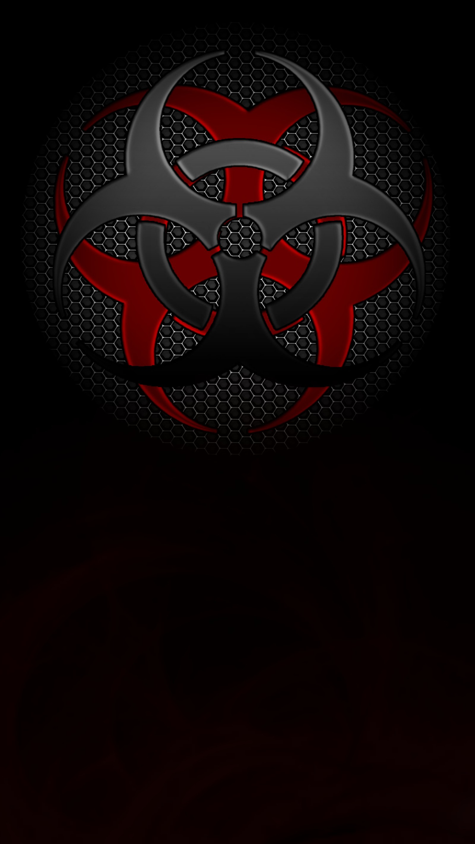 A close up of a red and black biohazard logo on a black background (biohazard, black, dark, symbol)