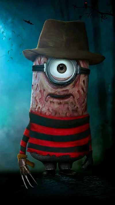 Um personagem minion assustador usando um chapéu e uma camisa listrada está em uma floresta escura, com um morcego voando ao fundo.