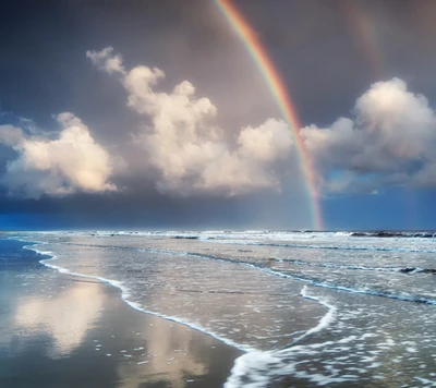 Rainbow Reflected on Tranquil Ocean Waves Under a Blue Sky