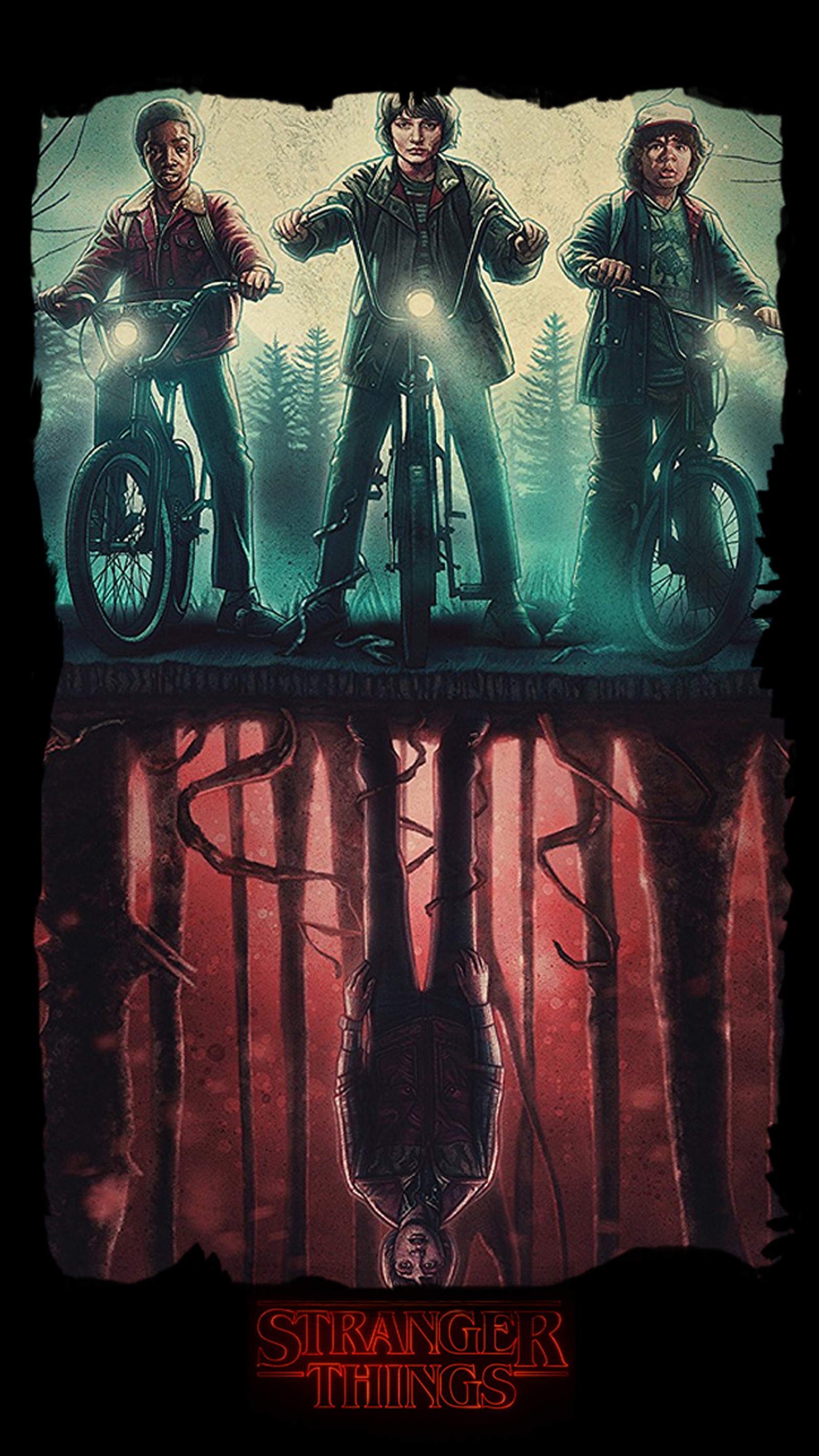 Um close em um cartaz de três pessoas andando de bicicleta em uma floresta (stranger things, netflix, demogorgon, stephen king, hawkings)