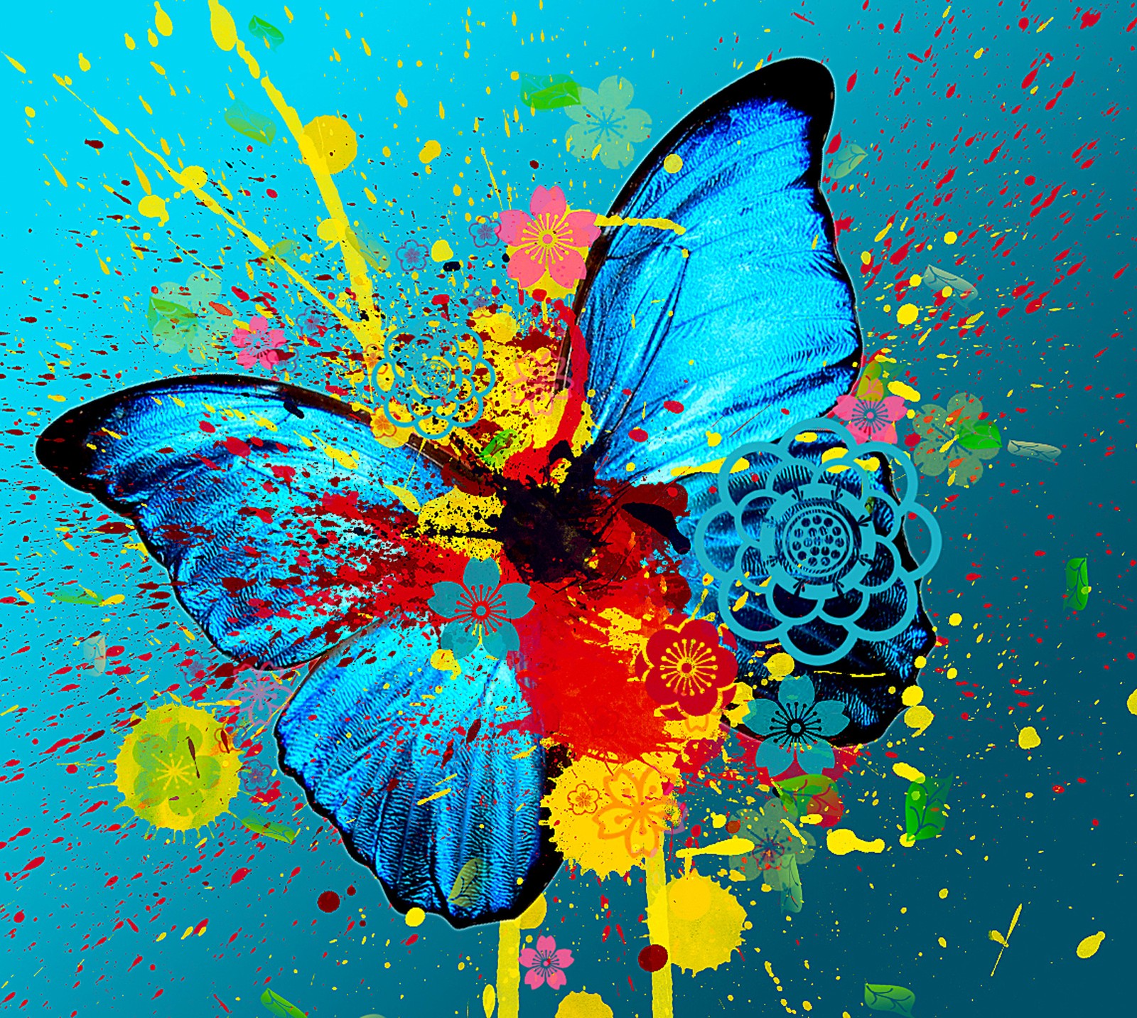 Brightly colored butterfly with splattered paint on blue background (butterfly, time)