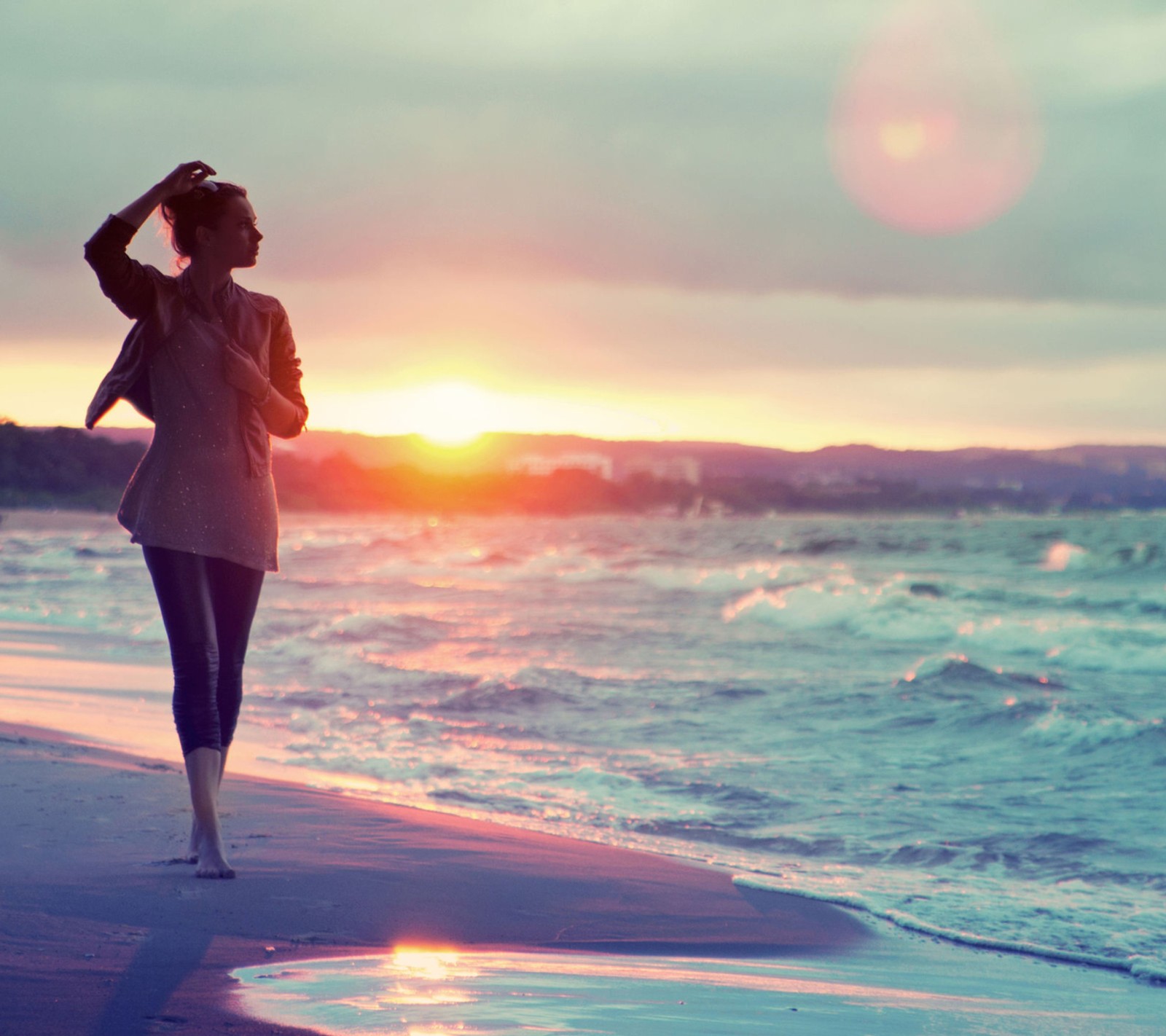 Woman walking on the beach at sunset with her back to the camera (beach, by, girl, red, sand)