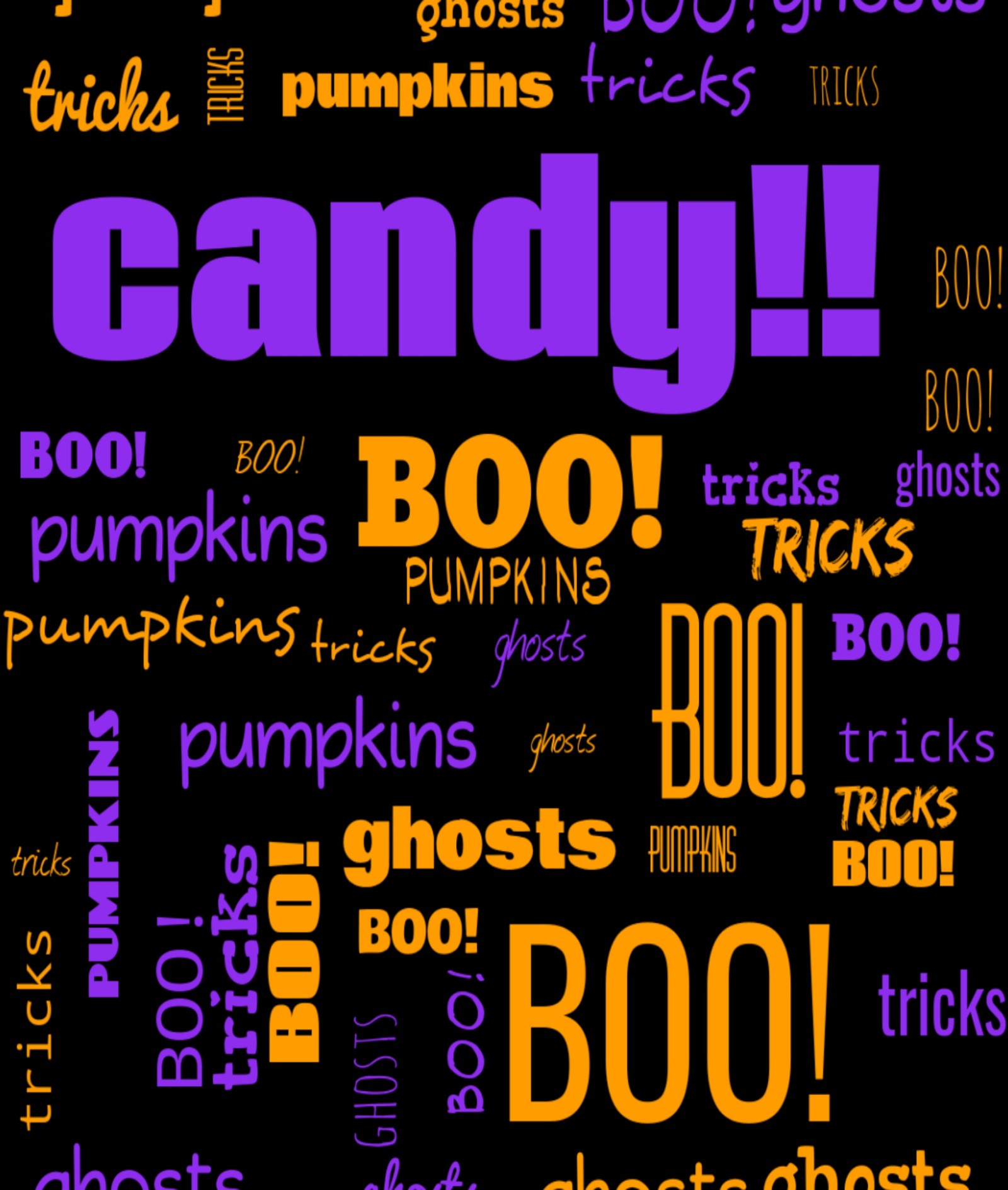 A close up of a black and purple halloween word cloud (ghosts, halloween)