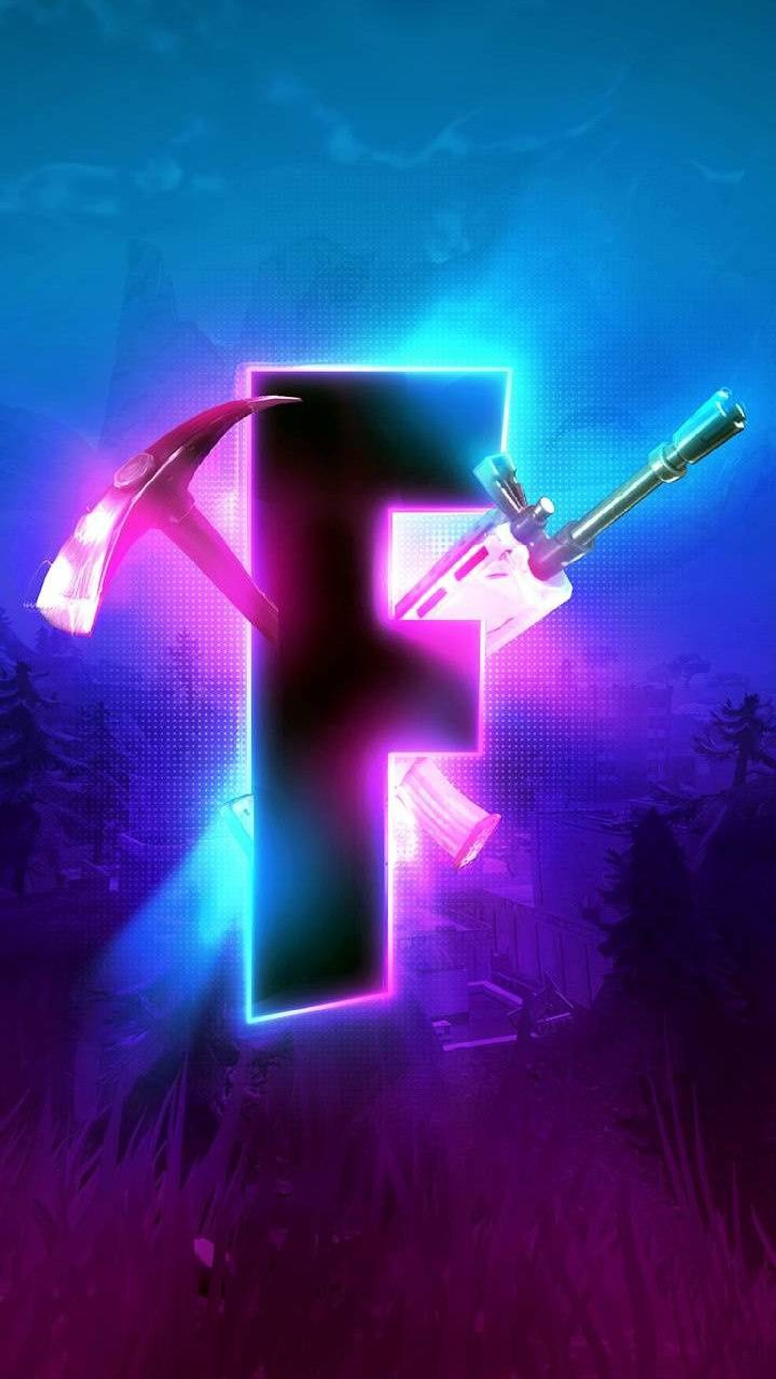 A close up of a neon letter f with a knife in it (fortnite, where we droppin)