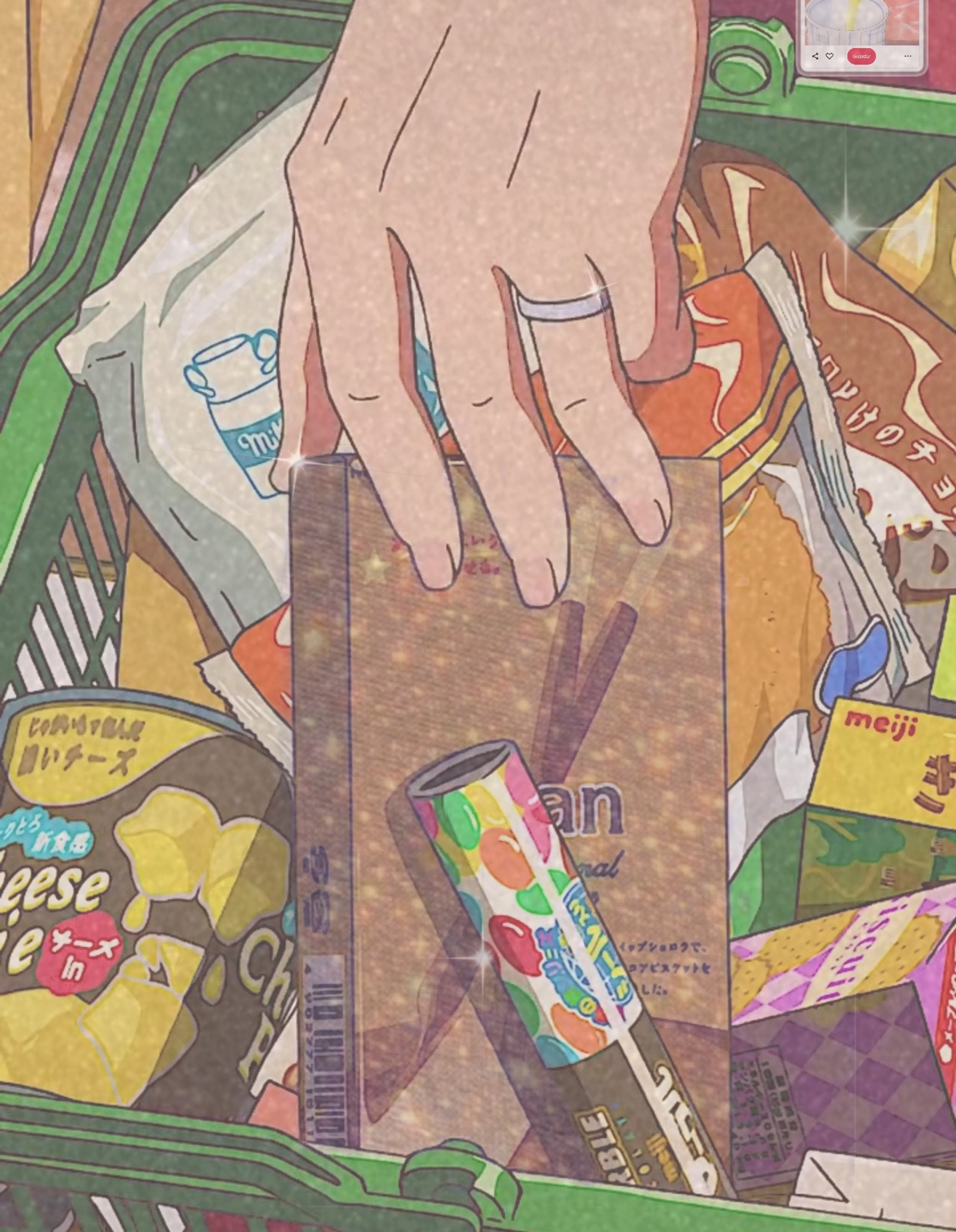 Someone is grabbing a piece of food out of a green box (aesthetic, anime, food, pocky, sparkle)