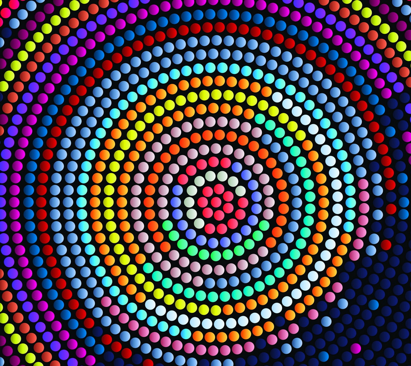 A close up of a colorful circular dot pattern on a black background (abstract mosaic, background, colored design)