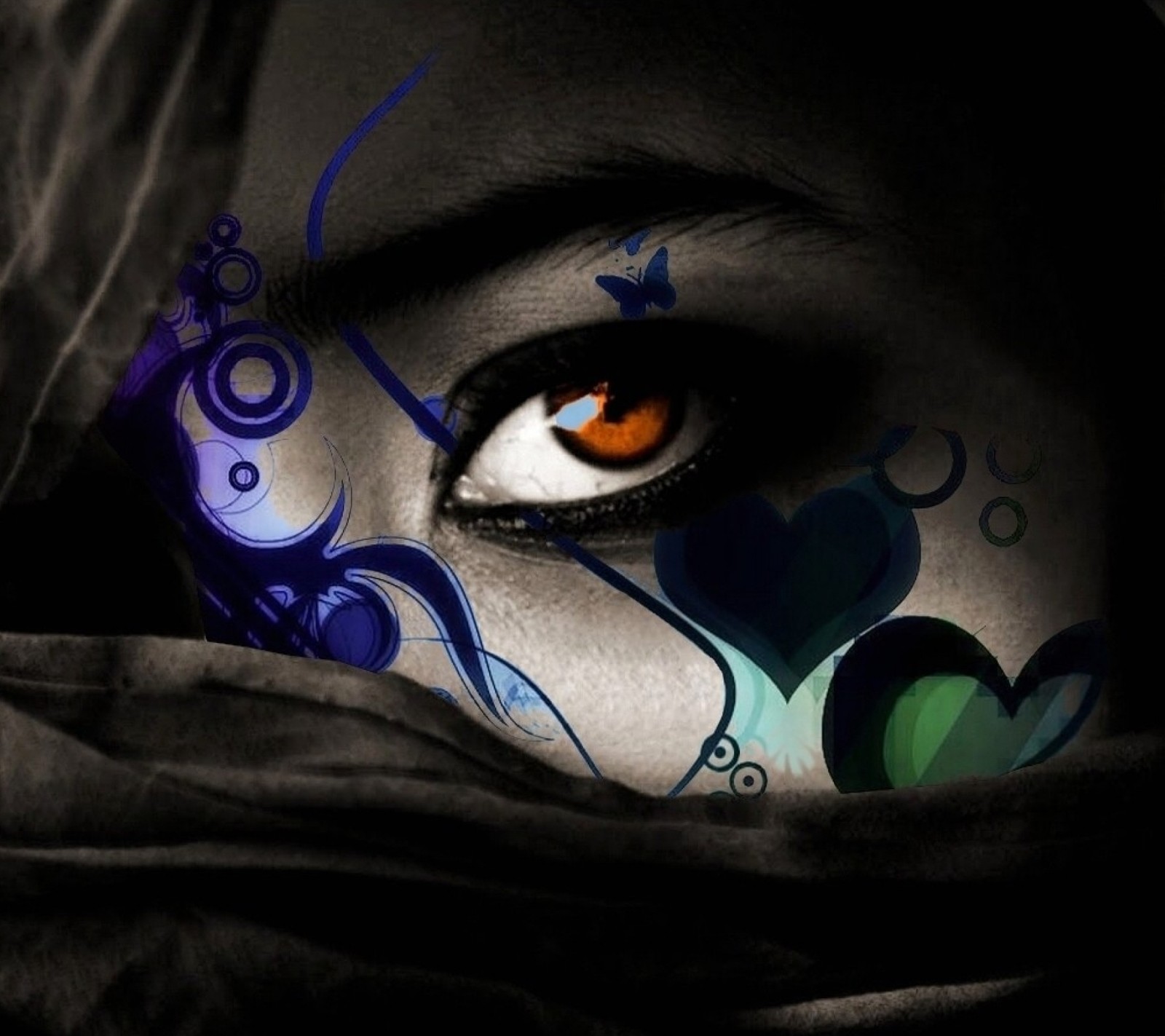 A close up of a woman's face with a colorful painted face (art, design)