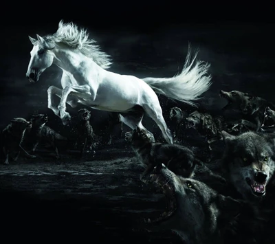 Majestic White Horse Amidst a Pack of Howling Wolves