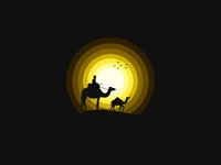 Silhouette of Camels Against a Yellow Sunburst on a Black Background