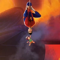 Peter B. Parker se balançant avec un enfant dans un cadre vibrant de multivers