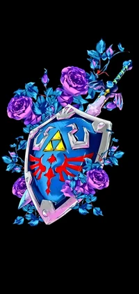 Vibrant Shield Illustration with Floral Accents in Electric Blue and Magenta