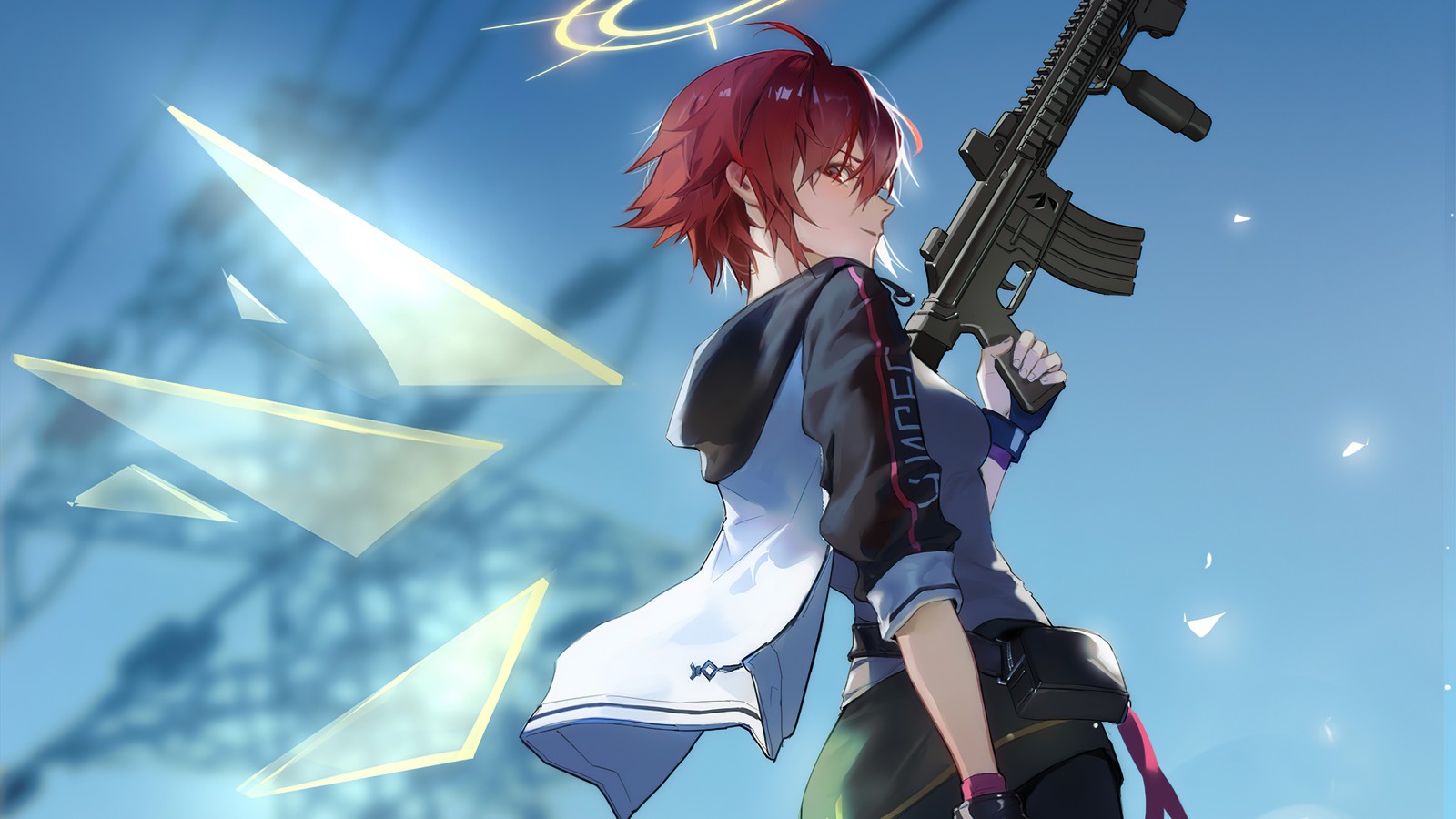 Anime girl with a gun and a lightening bolt (rifle, exusiai, arknights, anime girls, video game)