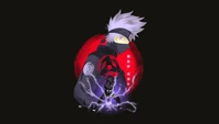 Kakashi Hatake com Sharingan em uma tempestade de relâmpagos contra um fundo de lua vermelha escura