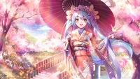 anime, girls, kimono, cherry blossom wallpaper