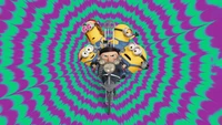 Lebhaftes animiertes Abenteuer: Minions mit Gru in einer psychedelischen Landschaft