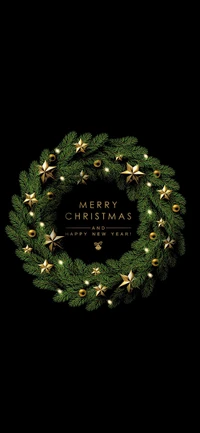 A festive Christmas wreath adorned with golden stars and ornaments, featuring the greeting "Merry Christmas and Happy New Year," set against a black background.