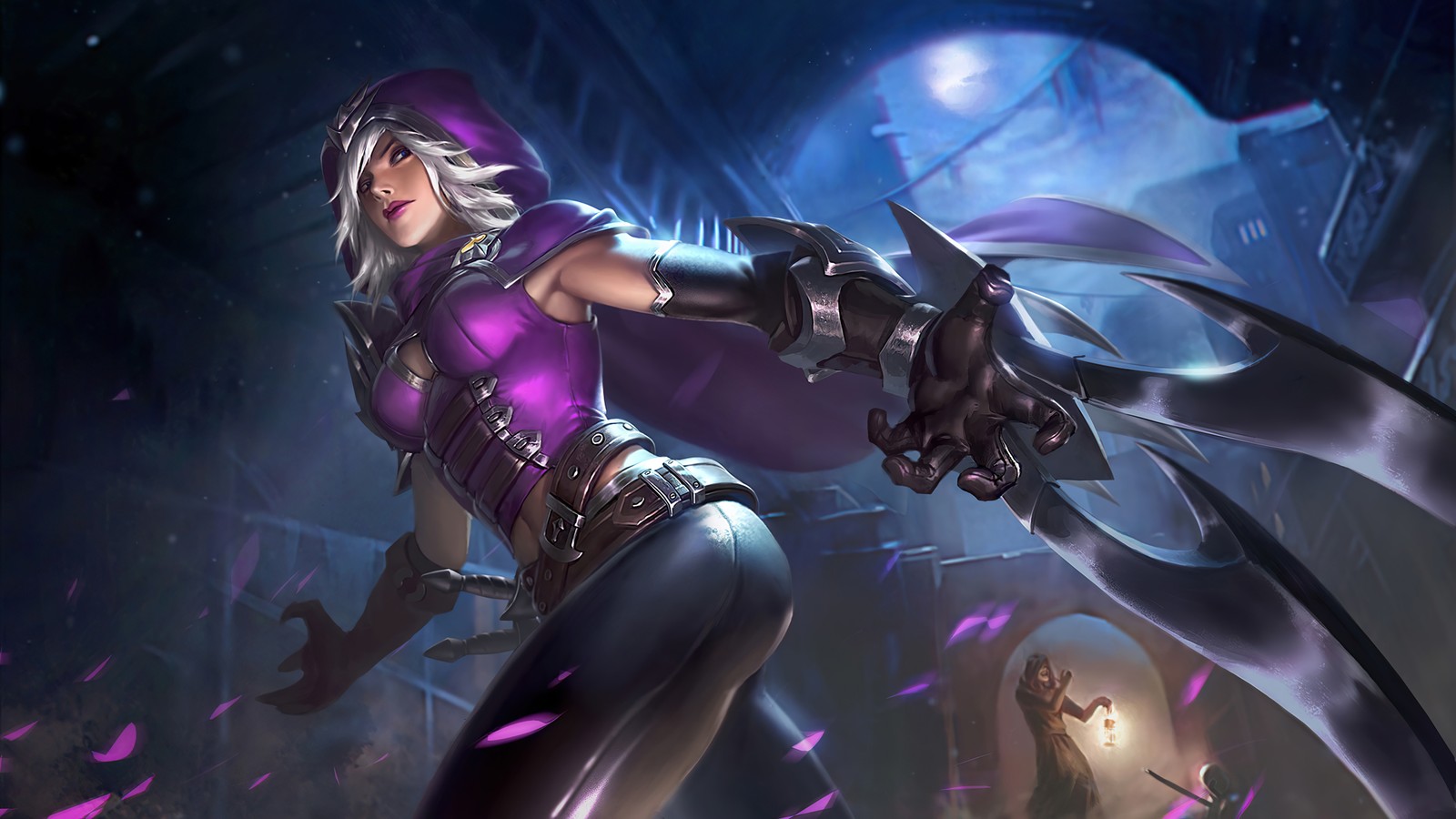 Une femme en costume violet tient une épée dans une pièce sombre (natalia, glass blade, peau, mobile legends, bang bang)