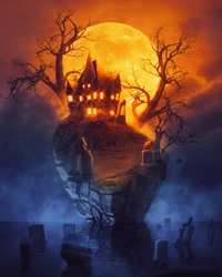 Casa embrujada de Halloween en una isla brumosa bajo una luna llena