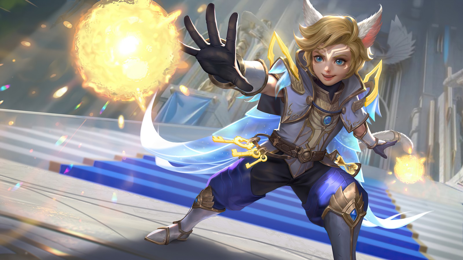 Femme en tenue bleue tenant une épée et une boule jaune (harith, né de la lumière, mobile legends, bang bang, ml)