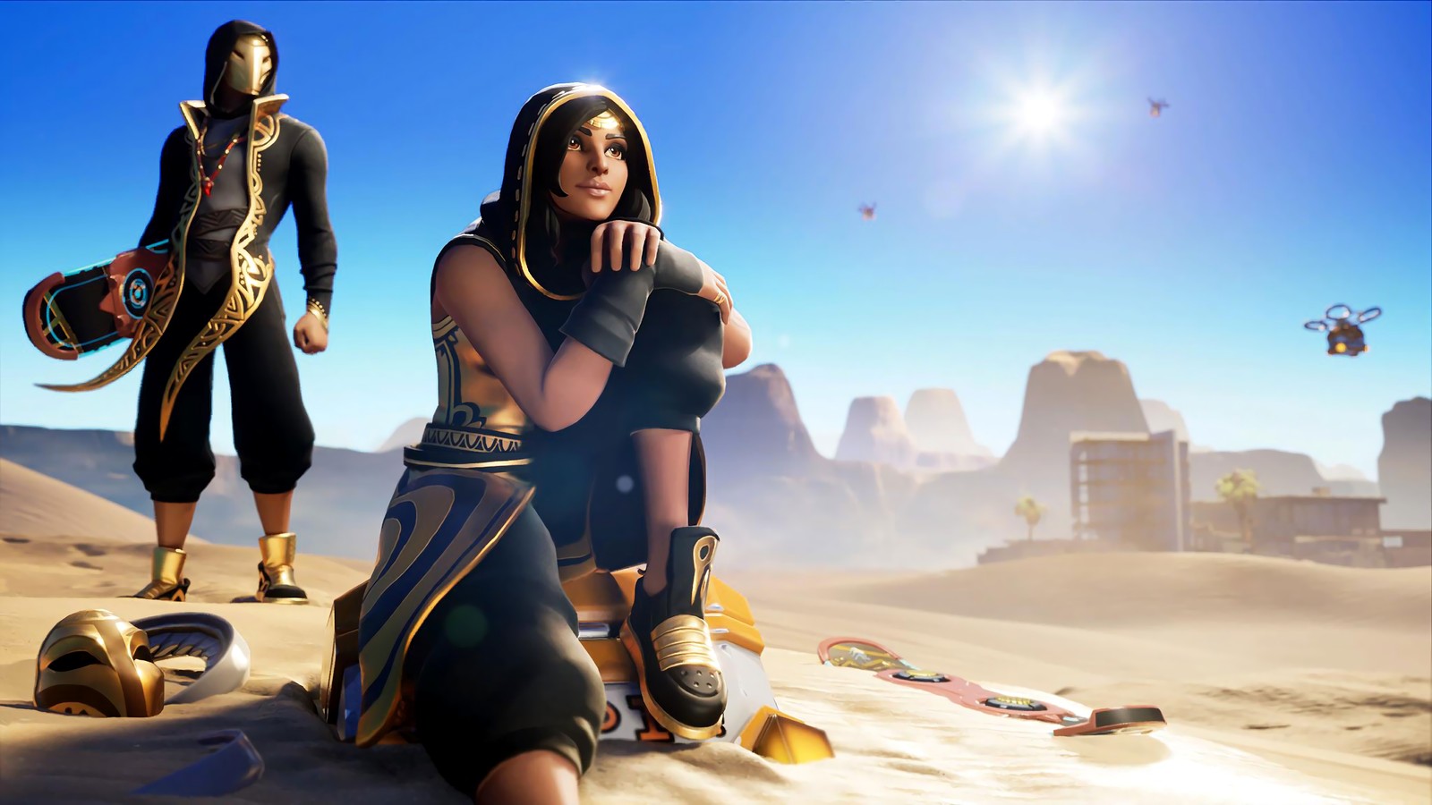 A woman sitting on the ground in front of a man in a desert (fortnite, fortnite battle royale, video game, sandstorm, scimitar)