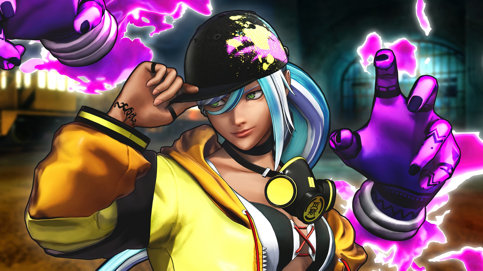 Una mujer con chaqueta amarilla y sombrero negro sosteniendo un guante morado (the king of fighters xv, kof 15, videojuego, isla)